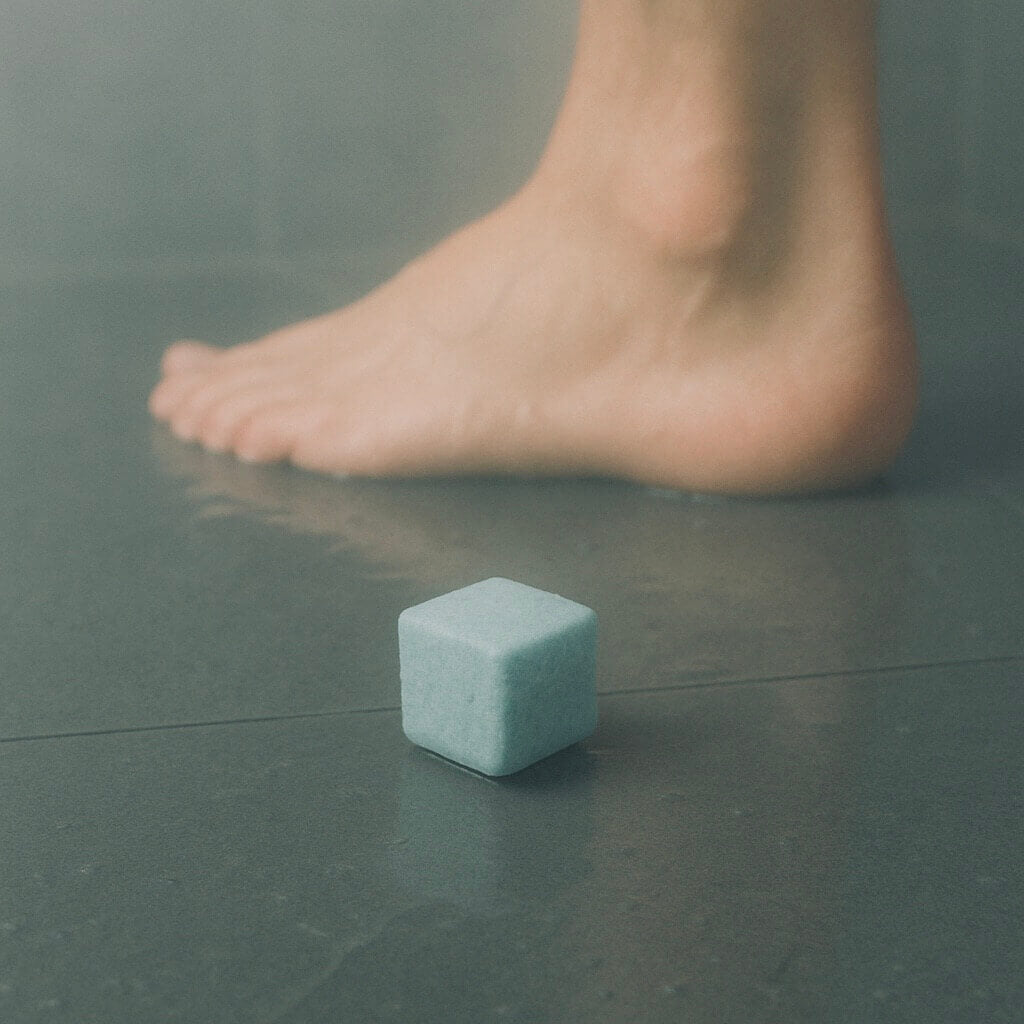 Man Mist shower steamer dissolving near man's foot in steamy aromatherapy shower