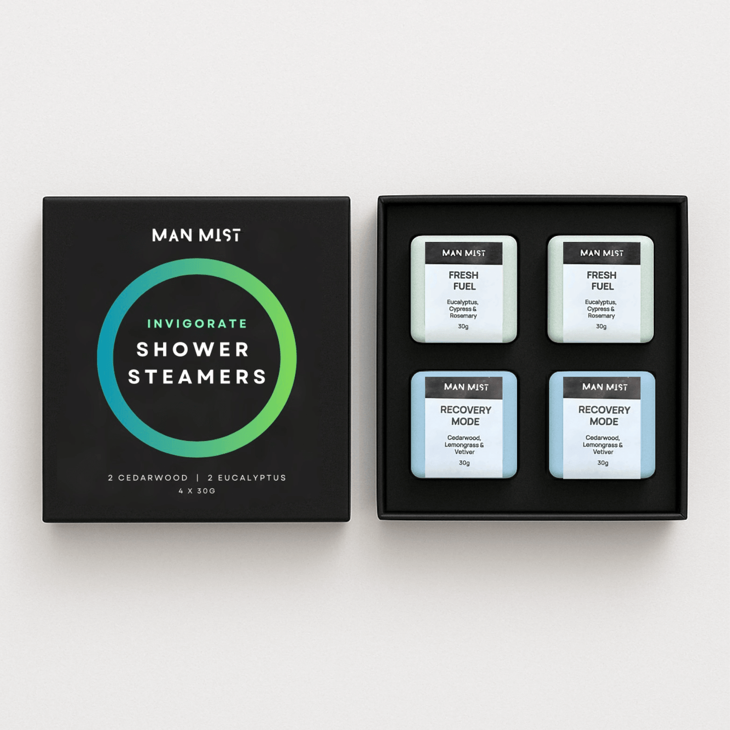 Man Mist Invigorate 4-pack shower steamers for men's aromatherapy and recovery