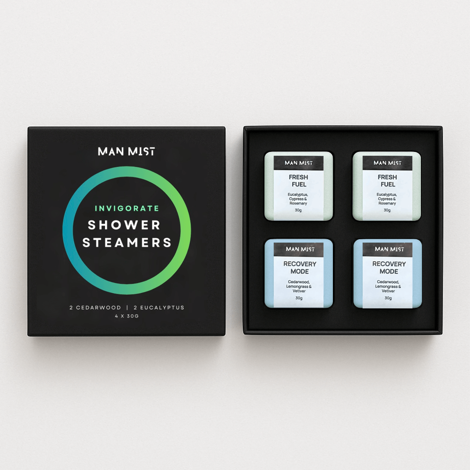 Man Mist Invigorate 4-pack shower steamers for men's aromatherapy and recovery